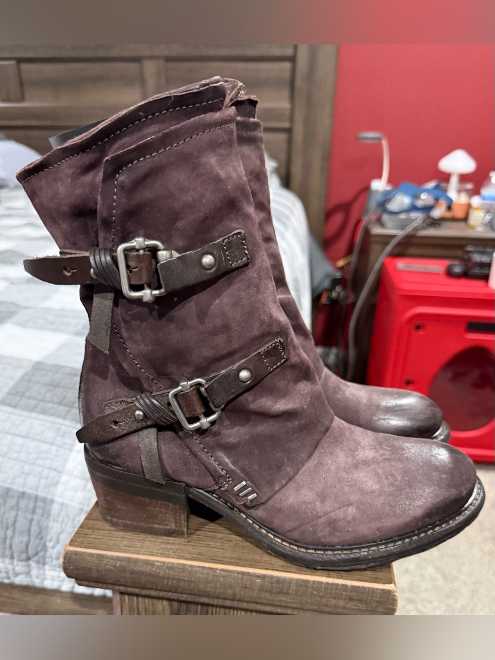 Brand New -A.S.98 Women's Suede Buckle Ankle Boots in Eggplant color. 7.5-8.